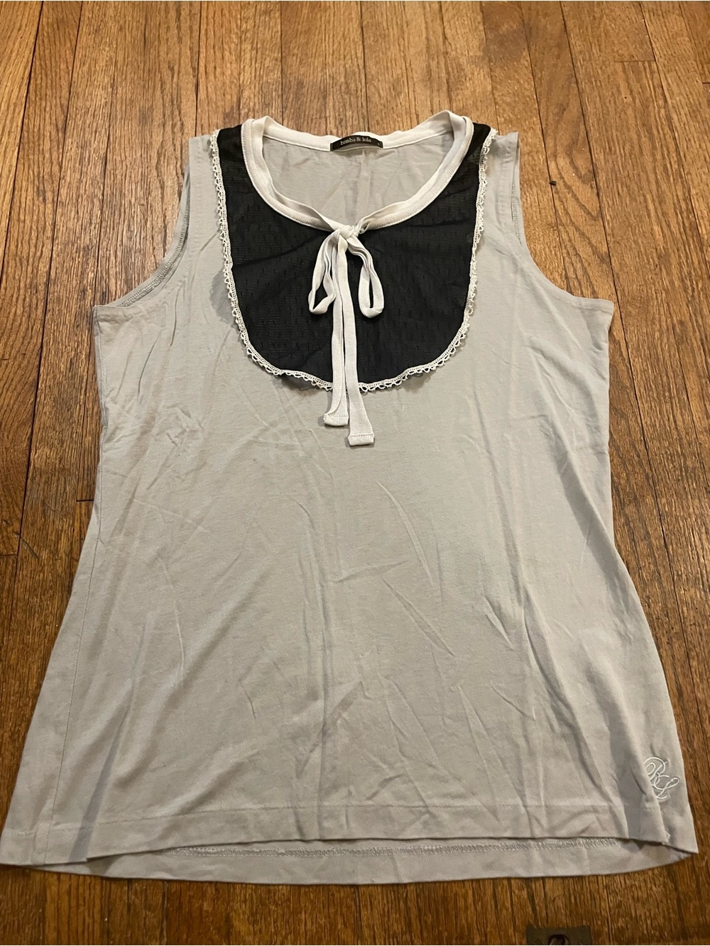 Bimba Y Lola Sleeveless Tie-Neck Tank with Black Lace Bib Detail - Light Gray
